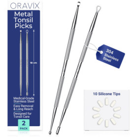 Oravix Curette pour Amygdales en Métal – Lot de 2 (18 cm), Kit Caseum Amygdale contre la Mauvaise Haleine, Kit Extraction Caseum