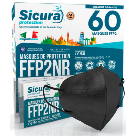 60 masques FFP2 Certifié CE NOIR Fabriqué en Italie BFE ≥99% Sanitized Masque FFP2 italien scellé individuellement EN 149:2001+A