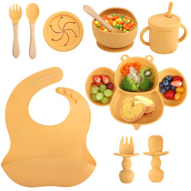 Set de vaisselle pour bébé en silicone antidérapant avec ventouse, 8 pièces : assiette pour bébé, assiette pour enfant avec vent