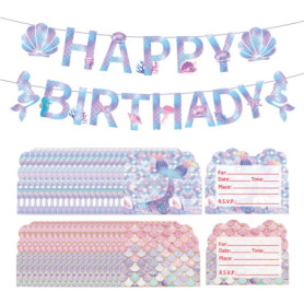 YSJCHEBS Cartes D'Invitation Sirène 40 Pièces Et 1 Drapeau De Train, Fournitures De Fête pour Filles, Décorations D'Éléments Océ