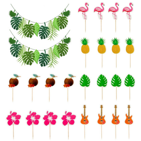 2 Morceaux De Feuilles De Palmier Tirer Un Drapeau, 24 Morceaux De Cure-Dents Hawaïens, Décoration D'Anniversaire De La Jungle H
