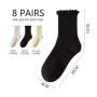 COACOM Lot de 8 paires de chaussettes à volants en coton plissé pour femme - Chaussettes élastiques mi-mollet (noir, blanc, blan