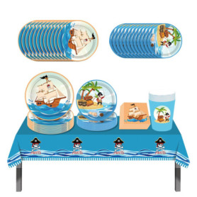ZOOMPIL Pirate Anniversaire Vaisselle, Pirate Party Vaisselle pour 16 Invités, avec Bannières Assiettes Serviettes Nappes, Fête 