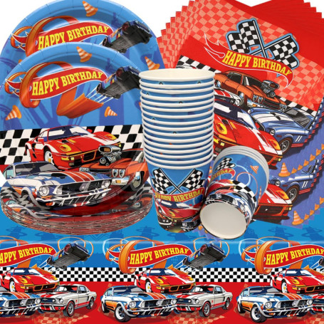 Vaisselle de Fête Voiture de Course Anniversaire,Doyomtoy 61 Pièces Décorations de Fête d'anniversaire de Voiture de Course Assi