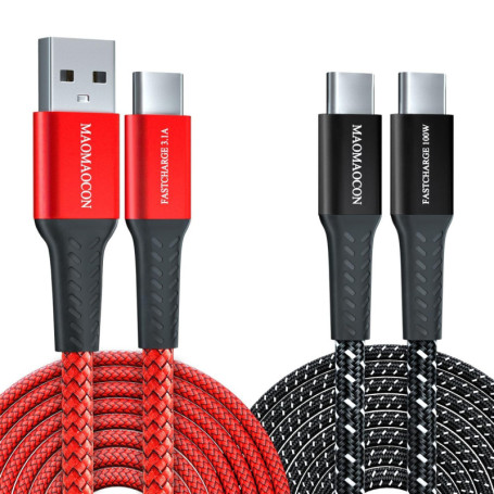 [2pcs 2m] 100W PD3.0 USB C à C Câble de charge rapide + 3.1A USB A vers C de nylon tressé charge rapide Câble pour iPhone 16 Pro