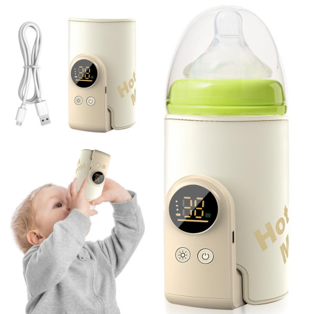GOEDCH Chauffe-biberon pour bébé : couleur crème Chauffe-biberon bébé en déplacement, portable, 6 températures réglables 38-50 °