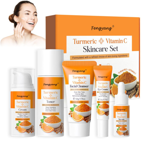 Fengyang® 5Pcs Coffret de soins pour la peau à la vitamine C, Coffret de soins à la vitamine C, Ensemble de Sérum Visage à la Vi