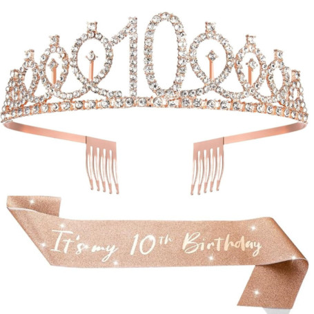 BOBOZHONG Couronne à Strass & Écharpe Pailletée Rose Gold pour Fille de 10 Ans – 'It's my 10th Birthday' – Cadeau d'Anniversaire