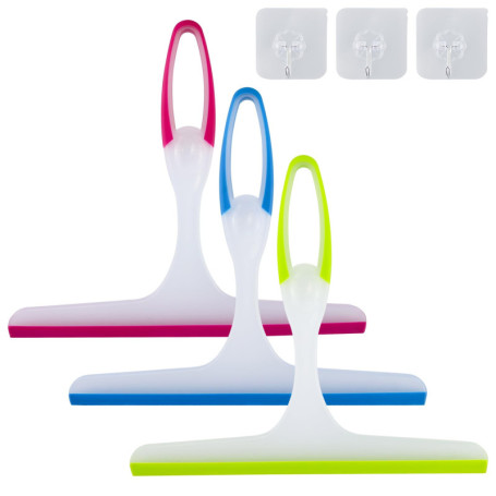 Lot de 3 raclettes de cabine de douche avec 3 crochets adhésifs - Raclette de douche avec crochet mural - Raclette de douche - L