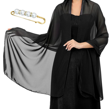 TAFACE Écharpe Noire en Mousseline de Soie et Broche en Diamant en Perles - Double Usage pour Femme, Assortie à Robe de Soirée C