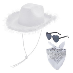 ZBHDEYG 1 Chapeau De Cowboy Western, 1 Lunettes d'amour, 1 Écharpe Carrée À Motifs Noirs, Chapeau De Cowboy À Bords en Plumes, C