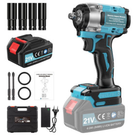 Clé à Chocs Sans Fil Brushless 650 N.m, 1/2 pouce Boulonneuse a Choc Electrique avec 4000mAh Batterie, Chargeur Rapide, avec 4 D