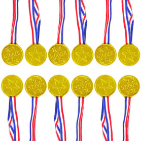 WOLMIK Lot de 12 médailles de gagnants en plastique doré avec rubans de cou pour fête, festival, sport, compétition, jouets, pri