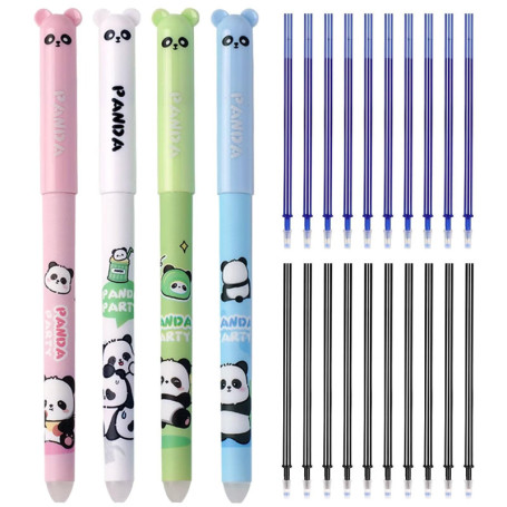 Lot de 4 stylos à bille effaçables avec 20 recharges, motif panda de dessin animé, stylo effaçable, 0,5 mm, pour fournitures sco