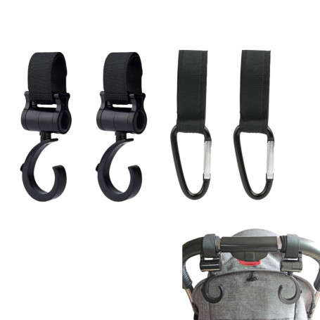 Lot de 4 Crochets pour Poussette Universels, Adaptateurs Noirs Multifonctionnels, Accessoires de Poussette Robustes et Pivotants