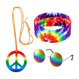 KRYMSON Déguisement hippie 3 pièces avec lunettes de soleil Pop Bandana Batik pendentif signe de la paix costume rétro disco acc