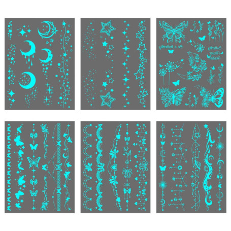 6 Autocollants De Tatouage Phosphorescents, Autocollants De Tatouage Temporaires Étoile De Lune, Autocollants De Tatouage De Fle
