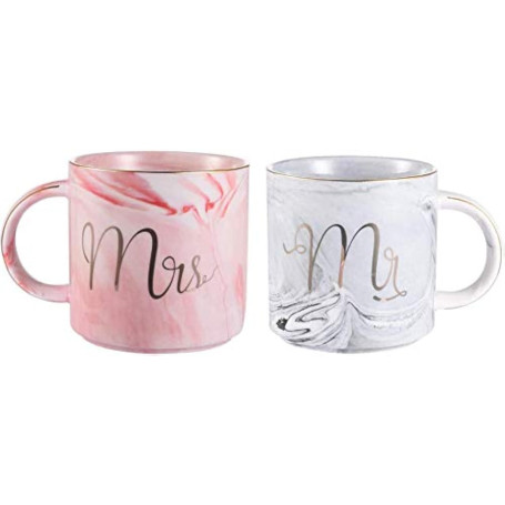 Greneric Mr and Mrs mugs tasses à café en céramique marbrées à motifs dorés, parfaites pour le thé et l'eau, 400 ml, 2 pièces, c