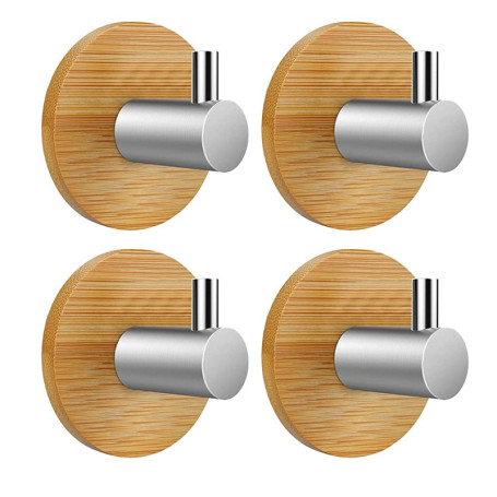 Lot de 4 crochets muraux autocollants en acier inoxydable et bambou - Sans perçage - Antirouille - Imperméables - Pour salle de 