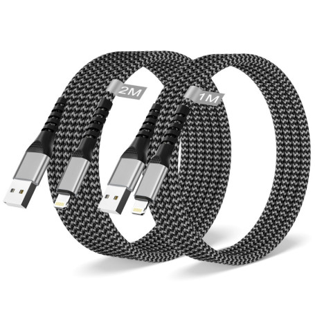 Câble iPhone Apple Certifié MFi, Lot de 2/1M+2M Câble Lightning USB Câble Chargeur iPhone Nylon Cordon iPhone Fil Chargeur iPhon