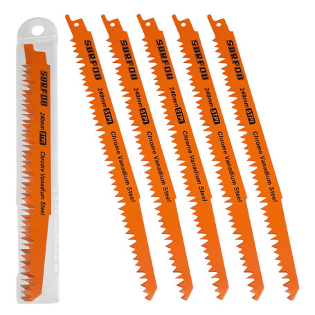 SURFOU Lame Scie Sabre 5 Pièces, Bois Vert L'âme 240mm Longue 5TPI, Lames, pour Multimatériaux Dur Acier Compatibles avec Scies 