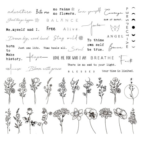 DIVAWOO Réaliste Tatouages temporaires - 60 Feuilles Faux, 40 Pcs Citations Inspirantes, 20 Pcs Fleur Sauvage Floral Bouquet Aut