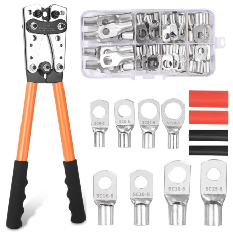 Pince a Sertir,AWG 10-0,6/10/16/25/35/50 mm² pince à sertir cosses avec Bornes à anneau en cuivre +60 PCS de gaine thermorétract