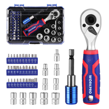 WORKPRO Coffret de Douilles et Embouts 42 Pièces, Mini Clés à Cliquet 1/4" Double Tête 2-en-1, Porte Embouts Magnétique, Outils 