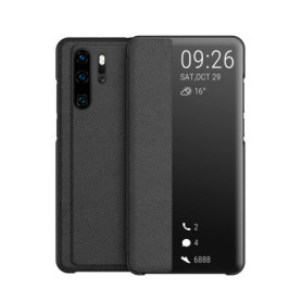 KANSi Coque Compatible pour Huawei P30 Pro, Smart View Flip Faux Cuir Coque + Protection Ecran - Noir