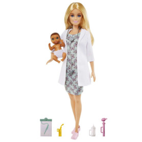 Barbie Métiers coffret Pédiatre avec poupée blonde en blouse blanche de médecin, bébé et accessoires, jouet pour enfants, GVK03