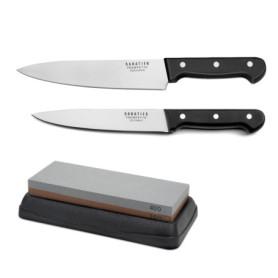 TROMPETTE - Ensemble 2 couteaux de cuisine et 1 pierre à aiguiser - Universal - Acier 5Cr15MoV - Finition Satinée - Noir