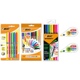 BIC Kit Multicolore avec Rubans Correcteurs Mini Pocket Mouse, Stylos-bille Cristal Multicolour, Surligneurs Highlighter Grip et