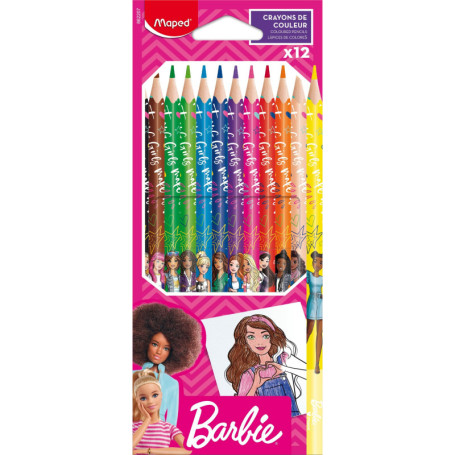 Maped - 12 Crayons de couleur Barbie - Crayons de coloriage en résine - Crayons de couleur enfants - Mines résistantes - Forme T