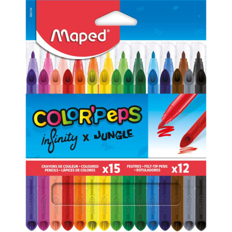 Maped - Combo Pack Color'Peps - 15 Crayons de couleur Infinity + 12 Feutres Lavables et Résistants au séchage - Pointe moyenne b