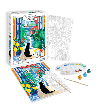 Sentosphère – Palette d'Artiste – Le Chat à la fenêtre – Peinture Acrylique - Création Relaxant - Adultes – 14 à 16 couleurs – t