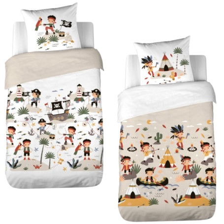 Parure de lit imprimée bi-Histoire 140x200 cm Enfant - Housse de Couette 140x200 cm + 1 Taie d'oreiller 63x63 cm Motif Indien et