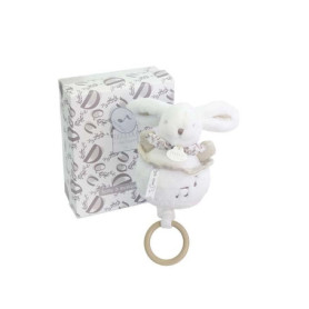 DOUDOU ET COMPAGNIE - Boîte à Musique Lapin Doudou Blanc – Peluche Musicale Ultra Douce Bébé avec Anneau Bois – Doudou Veilleuse