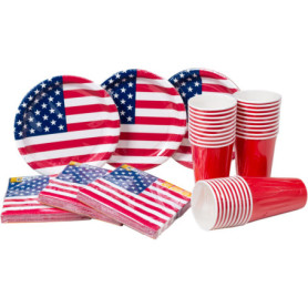 HEKU Lot de 120 pièces jetables pour fête - Motif drapeau américain - Avec assiettes en carton à motif, gobelets (0,473 l) et se