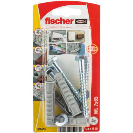 fischer - Kit fixation sanitaires WL 7 x 65 / Composition du blister : 4x chevilles à expansion SX 10x50, 4x tirefonds 7x65,4x r