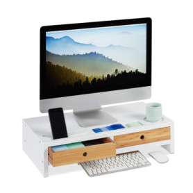 Relaxdays Support moniteur bambou, Rehausseur écran 2 tiroirs compartiments, Support HLP 14 x 60 x 30 cm, blanc/nature