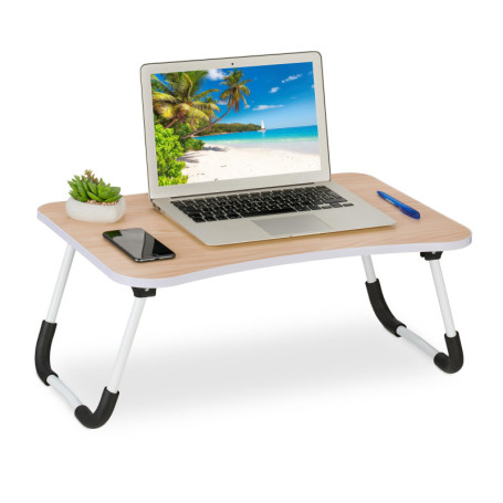 Relaxdays Table de lit, Tablette canapé, HxLxP : 26x63x40 cm, Support Pliable, Ordinateur Portable, MDF, Fer, Brun Clair