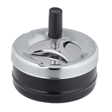 Relaxdays Cendrier avec Couvercle Poussoir, métal et Plastique, Ø 9,5 cm, pour intérieur & extérieur, argenté/Noir