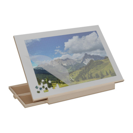 Relaxdays Plateau pour Puzzle allant jusqu'à 1 000 pièces, Ergonomique, 2 tiroirs, Bois de pin, Nature et Gris