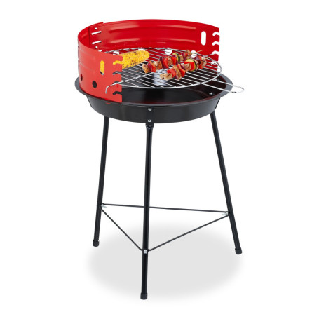 Relaxdays Barbecue Charbon de Bois tripode, Ø 42 cm, Grill Rond sur 3 Pieds, Protection Contre Le Vent, Noir/Rouge