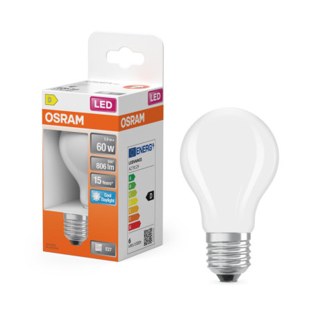 OSRAM Lampe LED forme étoile A60 filament, 6500 K blanc froid lumière du jour, 5,9 W, E27, dépolie, 806 lm, 15 000 h, pour lieux