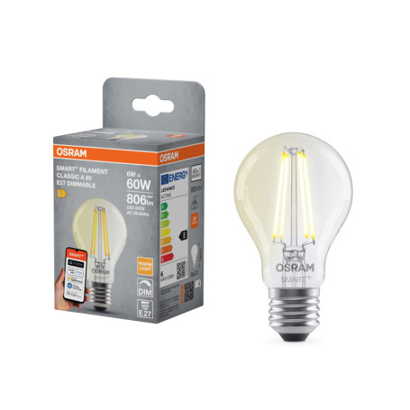 OSRAM Lampe LED SMART+, A60, 6 W, 2 700 K, E27, en forme d'ampoule, à filament, transparente, à intensité variable, contrôlable 