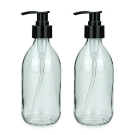 mikken Lot de 2 distributeurs de savon, de lotion, de shampoing, en verre transparent, convient à un usage alimentaire, avec éti