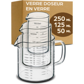 Praknu Verre Doseur en Verre - 50ml, 125ml, 250ml - Graduation Précise - Empilable - Résistant à la Chaleur & au Micro-ondes