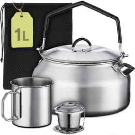 Praknu Bouilloire de camping 1 l en acier inoxydable - Sans électricité - Bouilloire, gobelet, passoire à thé et sac - Empilable