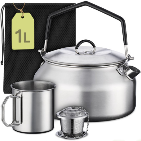Praknu Bouilloire de camping 1 l en acier inoxydable - Sans électricité - Bouilloire, gobelet, passoire à thé et sac - Empilable